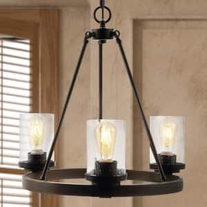 Coronet 20 in. 3-Light Oil Rubbed Bronze Iron/Seeded Glass Rustic Farmhouse LED Chandelier