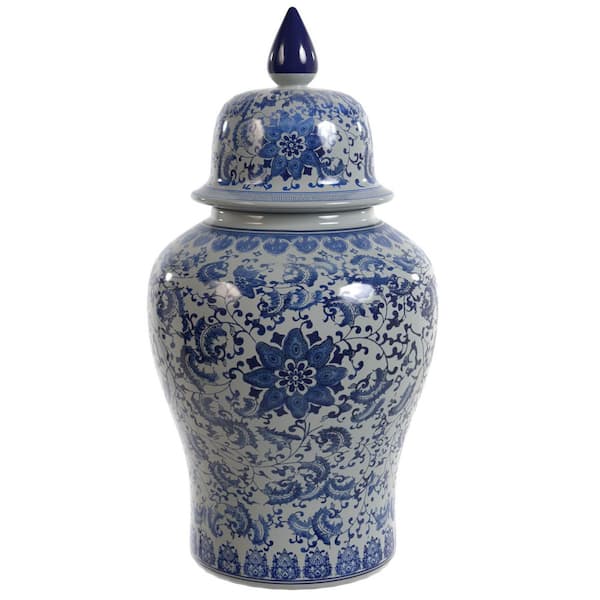 Red Lantern 24 in. Oriental Furniture Floral Blue and White Porcelain Temple Jar
