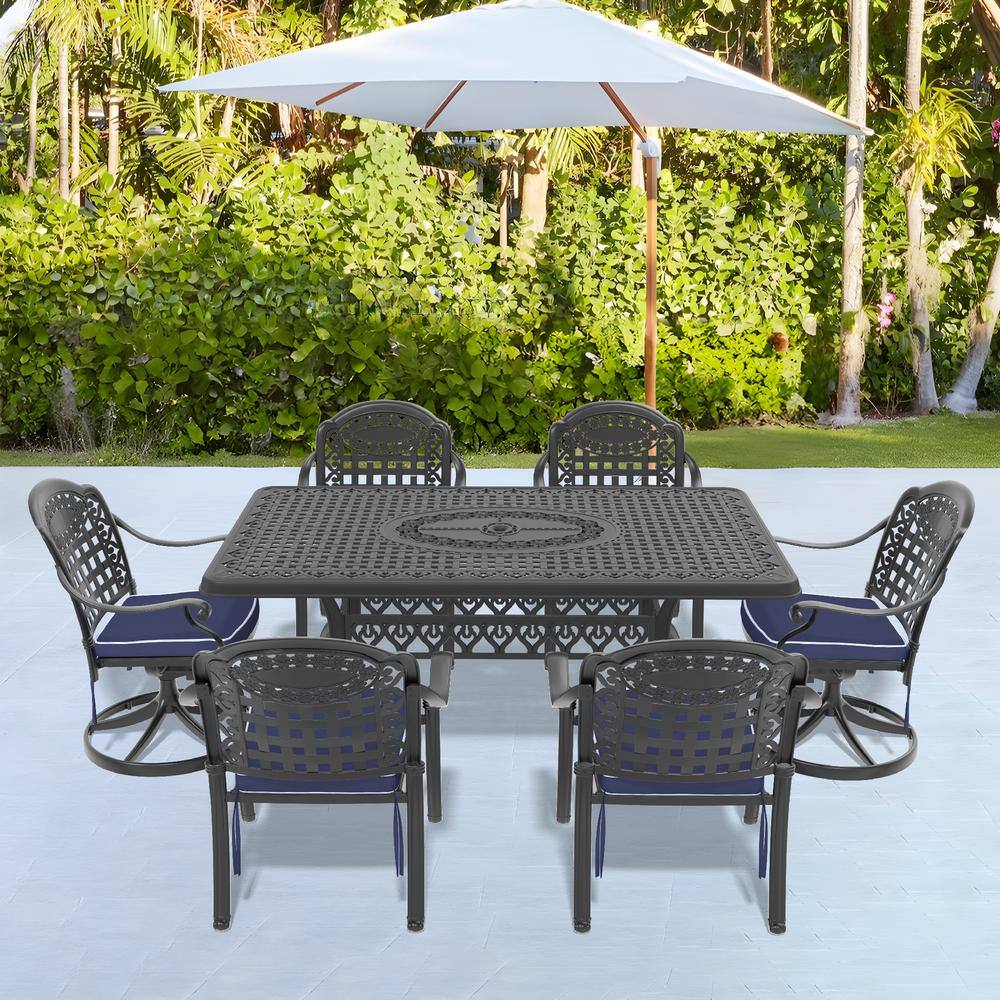 Vintage 7-Piece Cast Aluminum Outdoor Dining Set with Rectangular Table and Swivel Dining Chairs with Blue Cushion