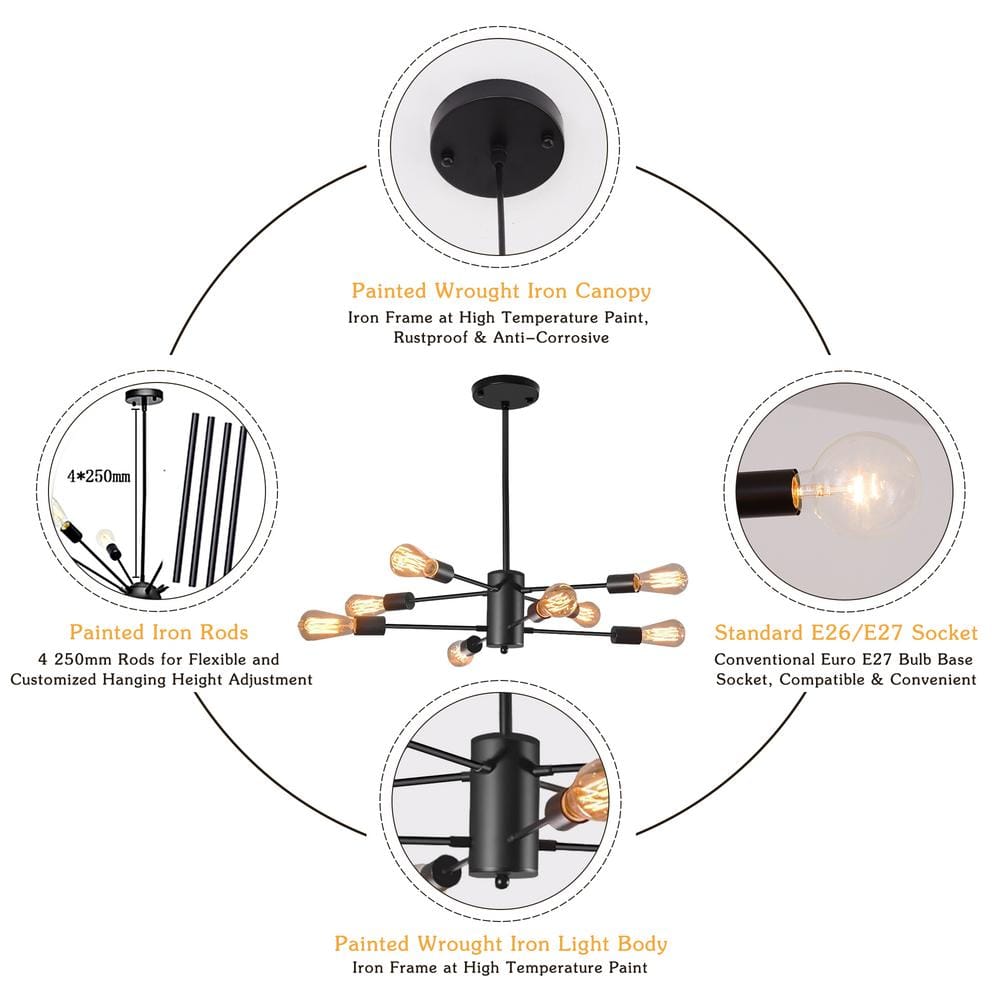 8-Light Black Metal Sputnik Chandelier with Adjustable Arms