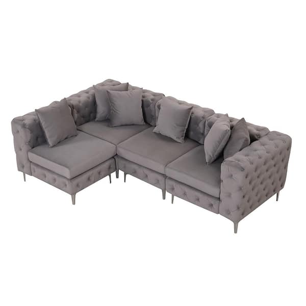 Morden Fort Modern Modular Couch 122 in. Velvet 3 Seat L Shaped Sectional Sofa for Living Room with Reversible Chaise in Gray
