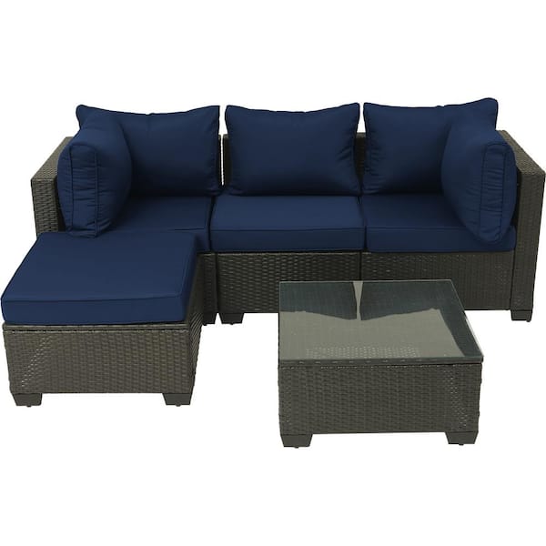 Sudzendf 5 Pieces Outdoor Wicker Sofa Set, Patio Furniture sofa set, with Dark Blue Cushions