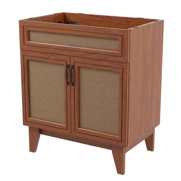 JONATHAN Y Javer 30 in. W x 18 in. D x 33 in. H Rattan 2-Shelf Bath Vanity Cabinet without Top (Sink Basin Not Included), Walnut