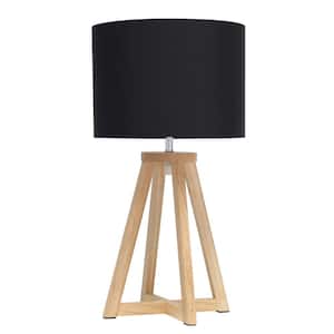 19 in. Natural Wood Interlocked Triangular Table Lamp with Black Fabric Shade