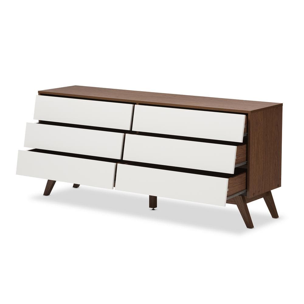 Mid-Century Modern White & Walnut 6-Drawer Storage Dresser
