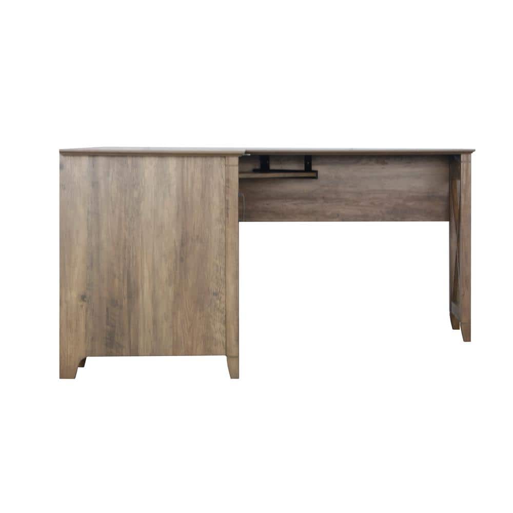 Rustic Oak L-Shaped Corner Desk with Drawer and Keyboard Tray