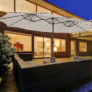 Outdoor 15 ft. Beige Double-Sided Patio Umbrella 48-Solar LED Lights Crank and Base