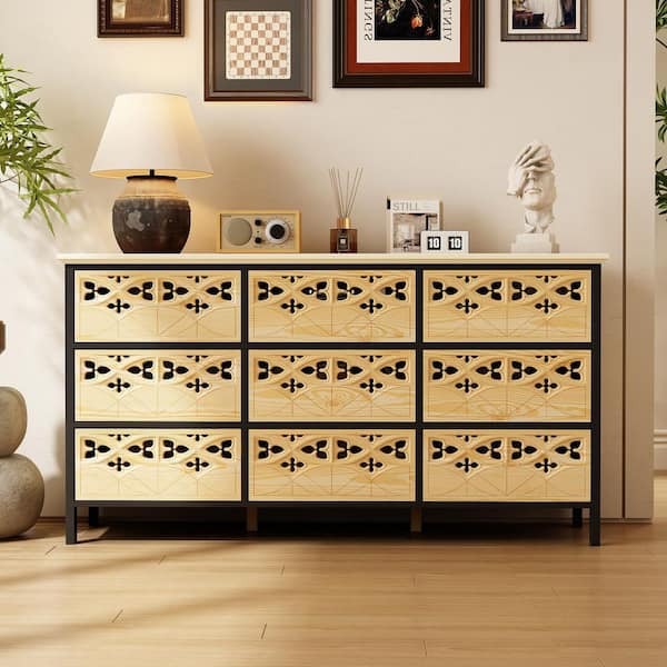 Black & Light Oak Wood Finish 9-Drawer 59.1 in. Chest of Drawers with Decorative Carved Pattern, Living Room and Bedroom