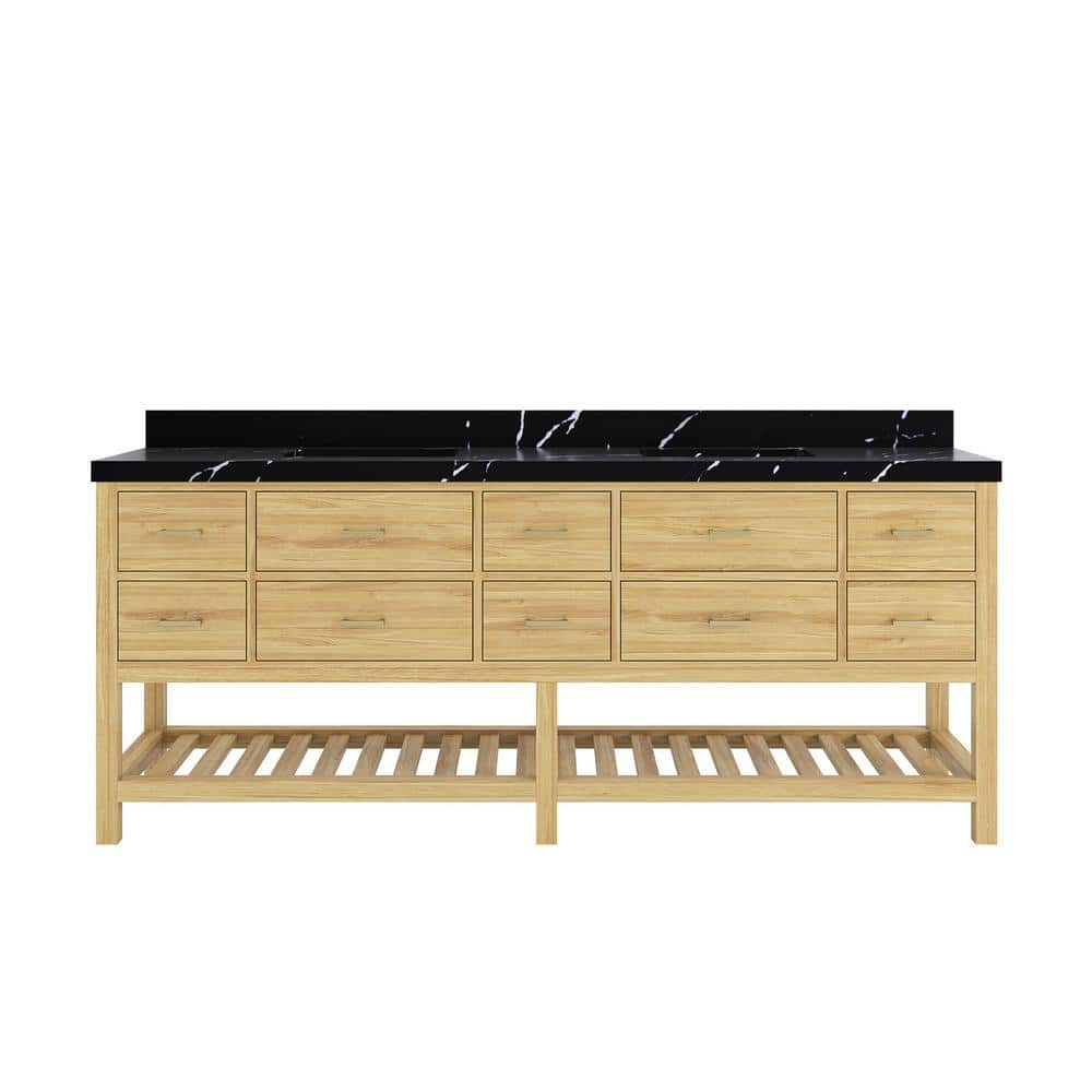 Parker Teak 84 in. Double Sink Freestanding Light Natural Bath Vanity Regular Calacatta Black Quartz Top Unassembled price history on PriceWatchPro
