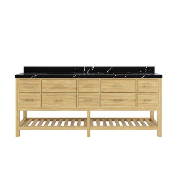 Parker Teak 84 in. Double Sink Freestanding Light Natural Bath Vanity Regular Calacatta Black Quartz Top Unassembled