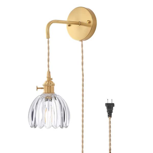 Ahfiwaso Retro 4.72 in. 1-Light Gold Plug-in Vintage Smart Home Wall Sconce with Tulip Clear Glass Shade