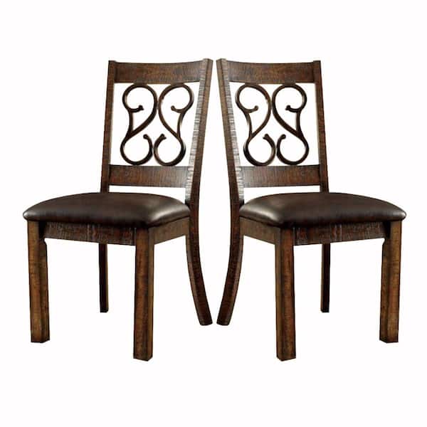 Benjara Rustic Walnut Brown Wooden Armless Side Chair with Leather Seat (Pack of 2)
