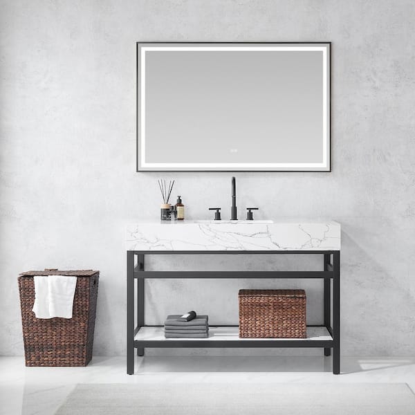 ROSWELL Ecija 48 in.W x 22 in.D x 33.9 in.H Single Sink Bath Vanity in Matte Black with White Stone Top