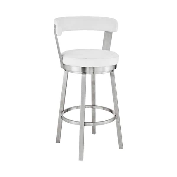 Armen Living Kobe 30 in. Bar Height Low Back Swivel Bar Stool in Brushed Stainless Steel and White Faux Leather