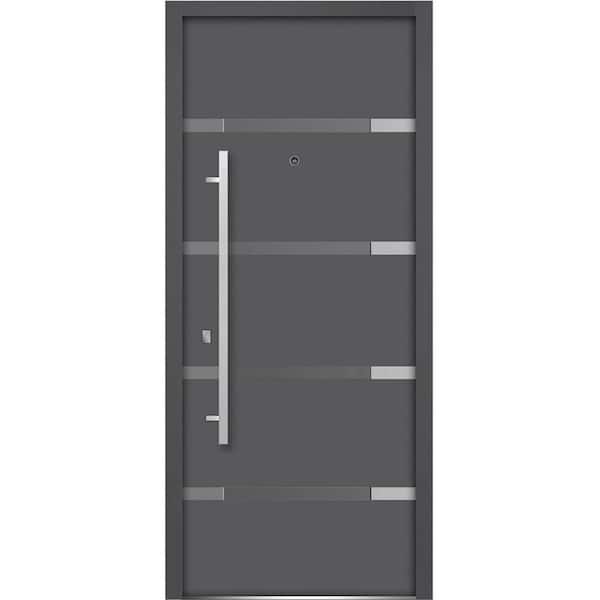 VDOMDOORS 36 in. x 80 in. Single Panel Right-Hand/Inswing 4 Lites Tinted Glass Gray Finished Steel Prehung Front Door with Handle
