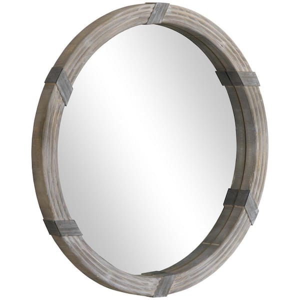 Natural Wood 30.75 in W x 30.75 in. H Farmhouse Decorative Round Mirror for Wall Decor in Living Room, Bedroom