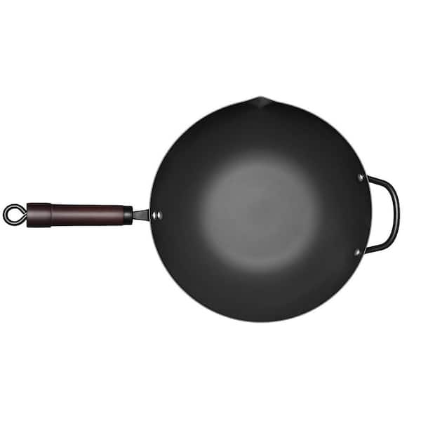 Wok 13 in. Black Carbon Steel Nonstick Pre-Seasoned Flat Bottom All Cooktops Compatible Stir-Fry Pan with Glass Lid