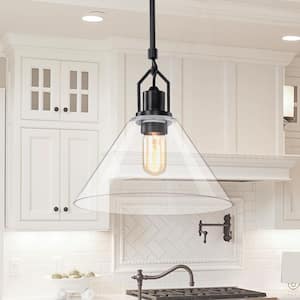 Aria 12 in. 1-Light Matte Black Clear Cone Glass Farmhouse Kitchen Pendant Light
