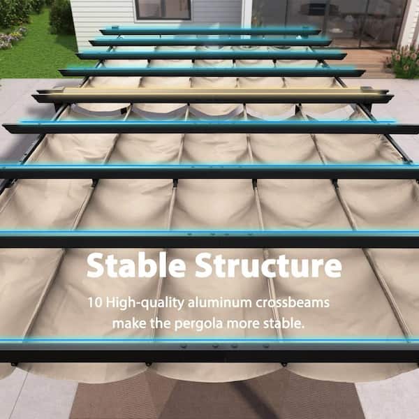 12 ft. W x 18 ft. D Outdoor Gray Aluminum Pergola with Two Individual Adjustable Khaki UV Resistant Sun Shelter Canopies