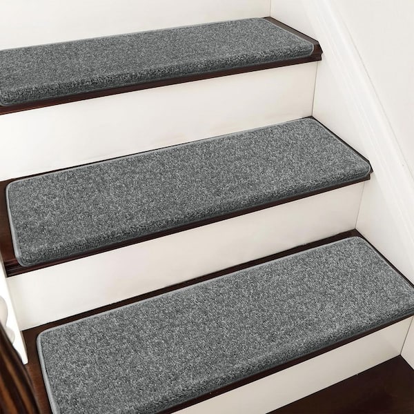 Bullnose Gray 9.5 in. x 30 in. x 1.2 in. Polypropylene Stair Tread Cover Carpet Mats Self Adhensive Tape Free Set of 12
