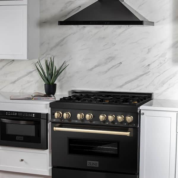Autograph Edition 36 in. 6 Burner Dual Fuel Range in Black Stainless Steel and Polished Gold