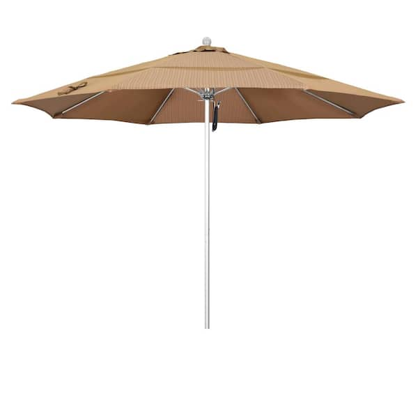 California Umbrella 11 ft. Silver Aluminum Commercial Market Patio Umbrella with Fiberglass Ribs and Pulley Lift in Terrace Sequoia Olefin