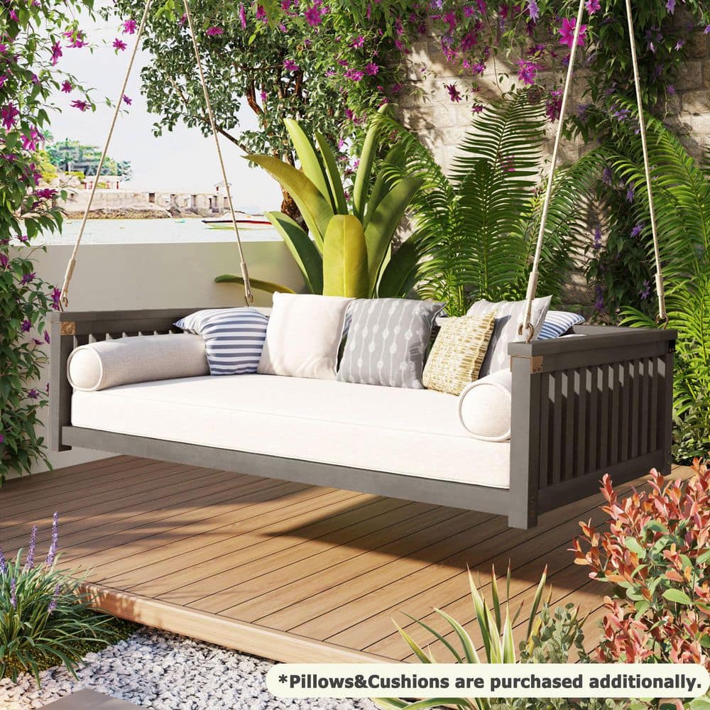 Gray Minimalist Twin Size Wood Porch Swing Patio Swing Bed with Ropes for Backyard Garden, Safe Sloped Design
