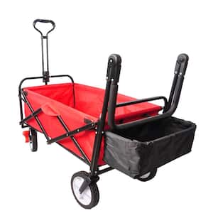 3 cu. ft. Red Fabric Outdoor Utility Folding Wagon Garden Cart Hand Cart with Drink Holder, Adjustable Handles