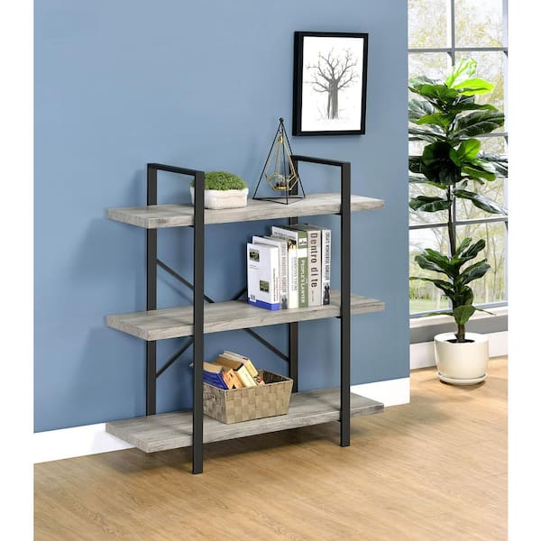Coaster 40 in. Grey Driftwood and Gunmetal Wood 3-Shelf Industrial Bookcase