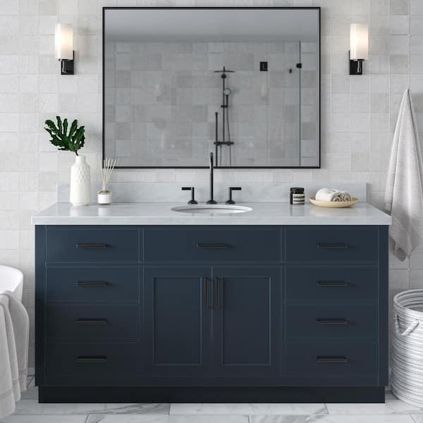 ARIEL Hepburn 67 in. W x 22 in. D x 36 in. H Bath Vanity Single Sink in Midnight Blue with Carrara White Marble Top