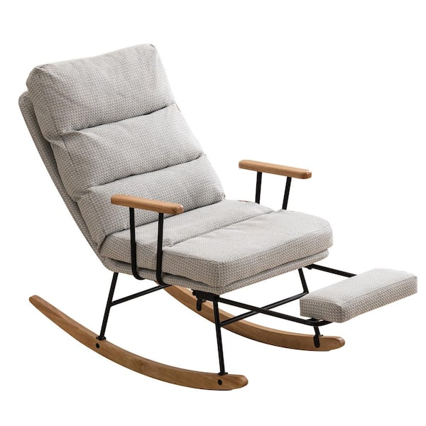 Sudzendf Gray Fabric Metal Outdoor Rocking Chair with High Back, Retractable Footrest, and Adjustable Back
