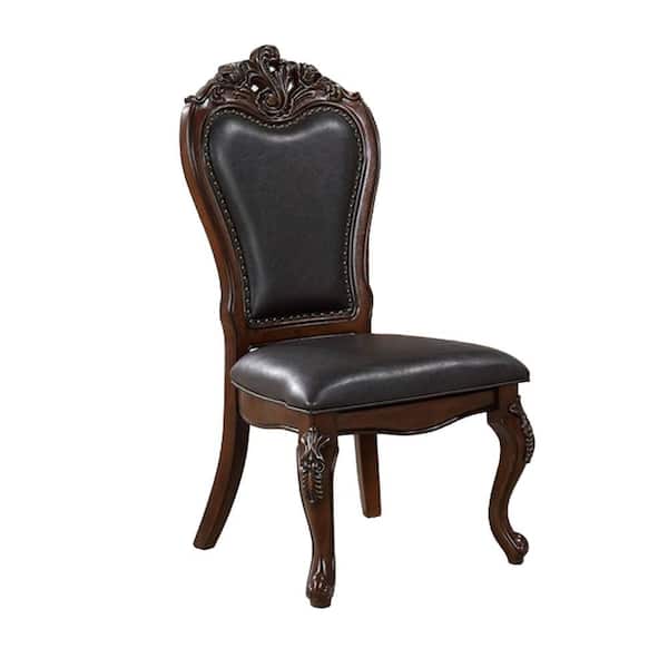 Benjara Cherry Brown and Black Faux Leather Side Chair with Cabriole Legs (Set of 2)