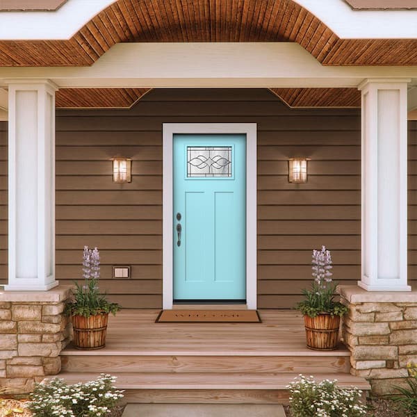 36 in. x 80 in. Right-Hand 1/4 Lite Craftsman Carillon Decorative Glass Caribbean Blue Fiberglass Prehung Front Door