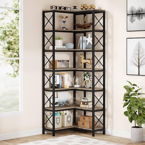 BYBLIGHT Eulas 79 in. Tall Gray Engineered Wood 7-Shelf Corner Bookcase Modern Corner Bookshelf Large Storage Display Rack