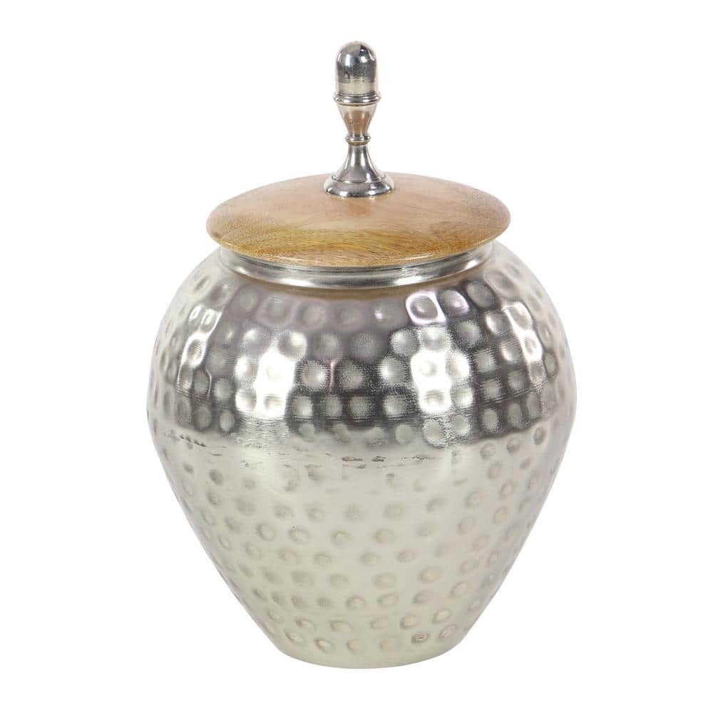 Tarnished Silver and Wood Abstract Decorative Jar 8" x 12"