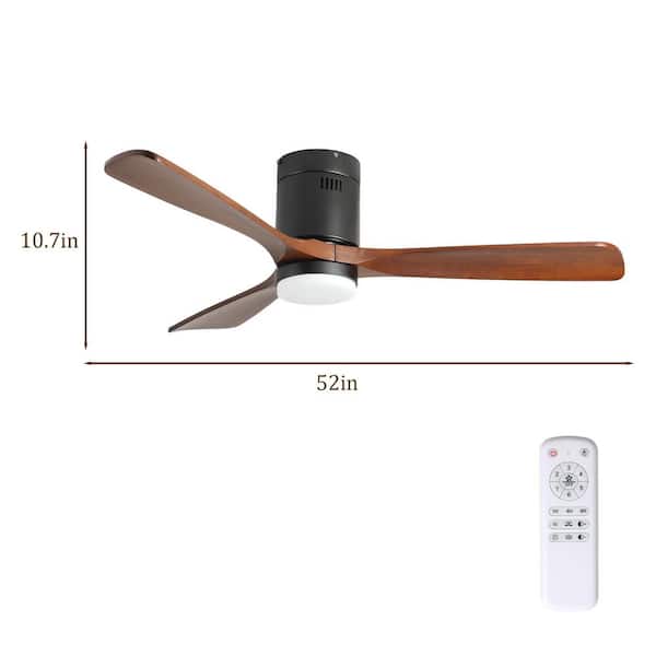52 in. Black Indoor Standard Flush Mount Ceiling Fan with Light, Quiet Reversible Fan with Brown Wood Blade for Bedroom
