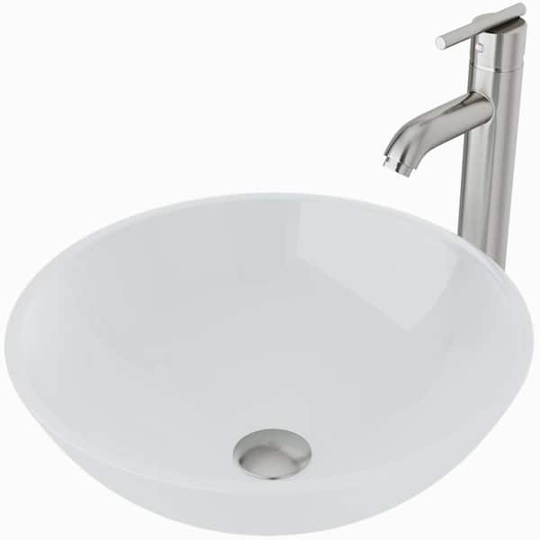 VIGO Glass Round Vessel Bathroom Sink in Frosted White with Seville Faucet and Pop-Up Drain in Brushed Nickel