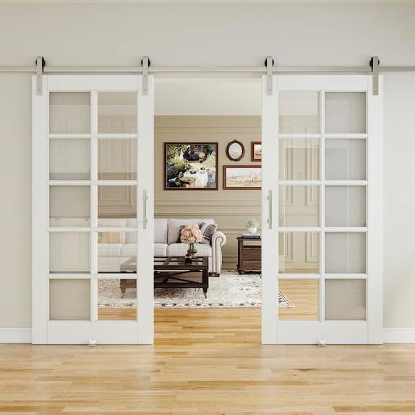 72 in. x 80 in. 10-Lite Clear Glass White Primed Glass Sliding Barn Door with Hardware Kit Nickel Plated