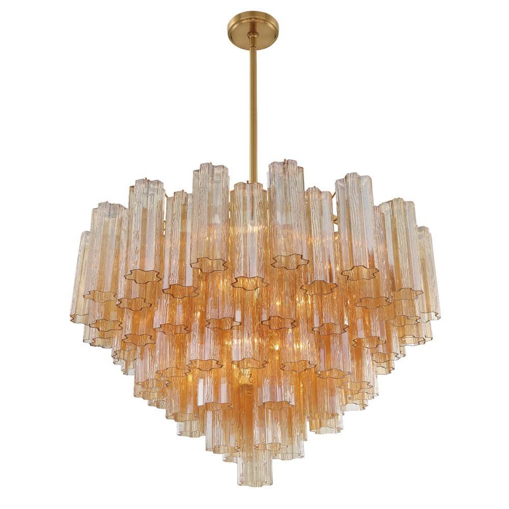 Aged Brass and Amber Glass 16-Light Chandelier