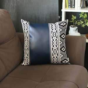 Bohemian Handmade Vegan Faux Leather Navy Blue 17 in. x 17 in. Square Abstract Geometric Throw Pillow