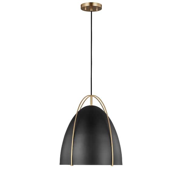 Norman 1-Light Satin Brass Modern Industrial Hanging Pendant with Black Metal Shade