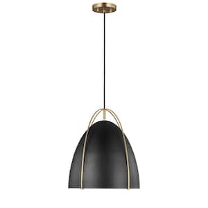 Norman 1-Light Satin Brass Modern Industrial Hanging Pendant with Black Metal Shade and Dimmable LED Bulb