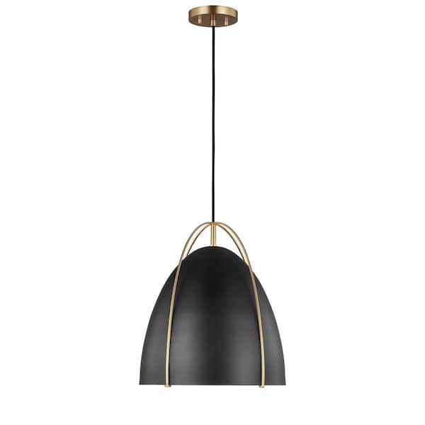 TIELLA Aiofe 1-Light Satin Brass Modern Industrial Indoor Dimmable Hanging Ceiling Pendant Light with Black Metal Shade