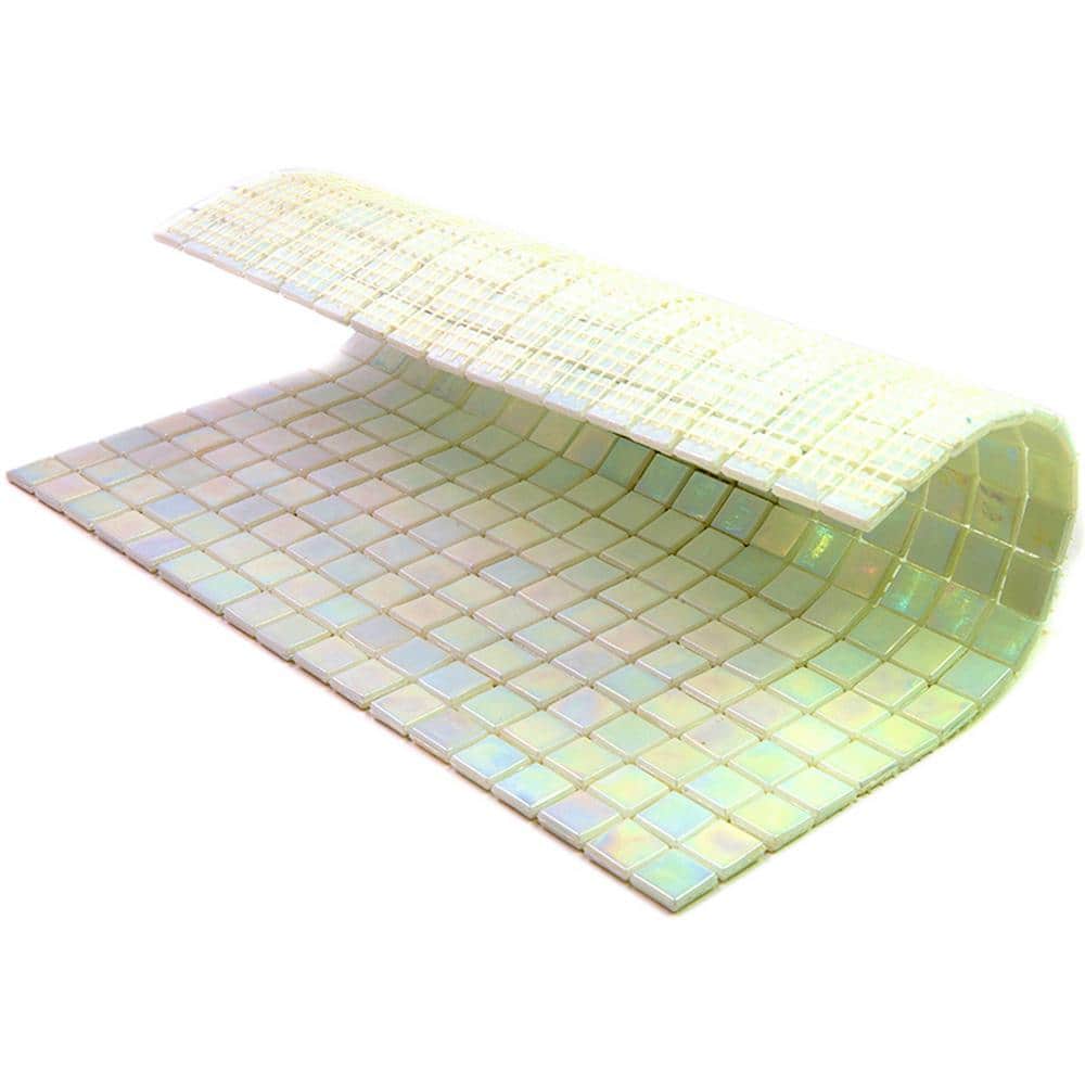 Glossy Iridescent Light Bone White Glass Mosaic Tile