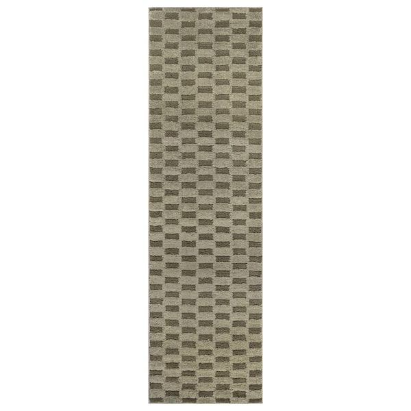 Checkerboard Block Power Loomed Soft Shag High-Low Indoor 2 ft. x 12 ft. Green Area Rug