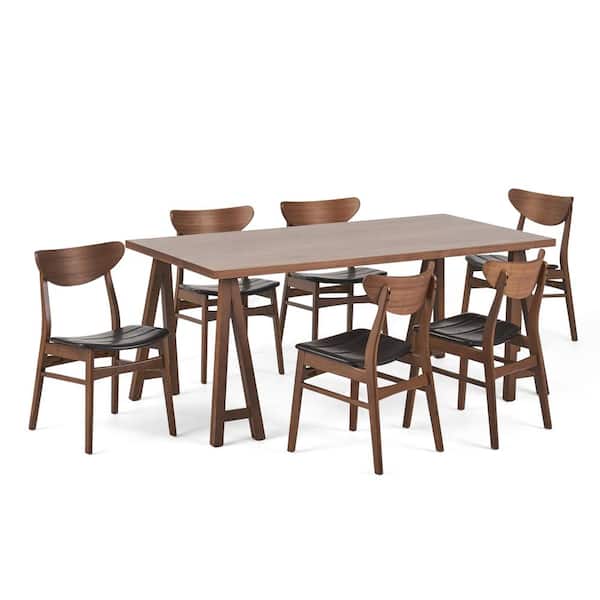 Noble House Anise 7-Piece Rectangle Wood Top Dark Brown and Walnut Standard Height Table Set