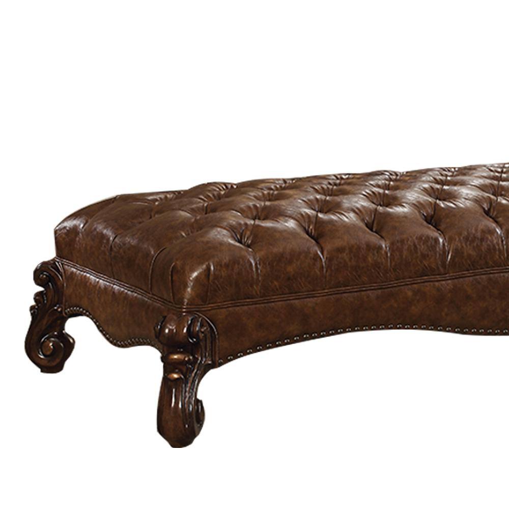Handcrafted Brown Faux Leather Chaise with Cherry Oak Finish