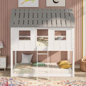 White Twin Over Twin Low Bunk Beds with Roof and Fence-Shaped Guardrail