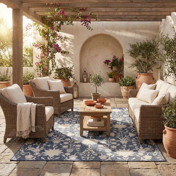 Navelle Traditional Blue 5 ft. x 8 ft. Outdoor Area Rug