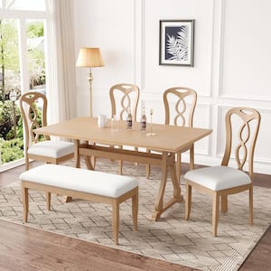 6-Piece Natural Acacia Veneer MDF Top Dining Set with 4 Linen Upholstered Chairs and 1 Beige Bench